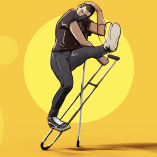 A graphic illustration of a man dancing with crutches, on a bright yellow background.