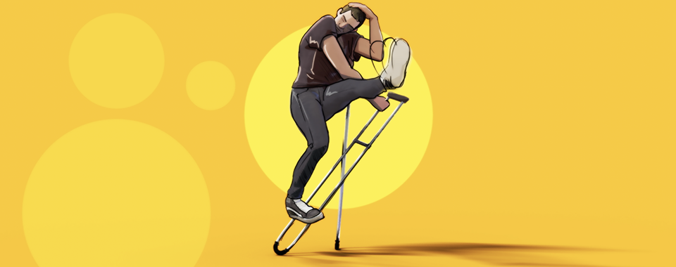 A graphic illustration of a man dancing with crutches, on a bright yellow background.