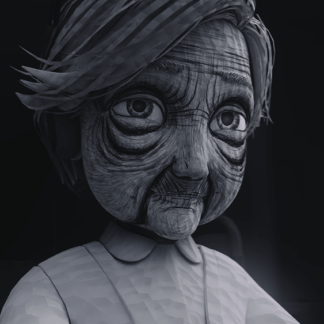 Monochrome illustration of an elderly woman's face with expressive eyes and visible wrinkles.
