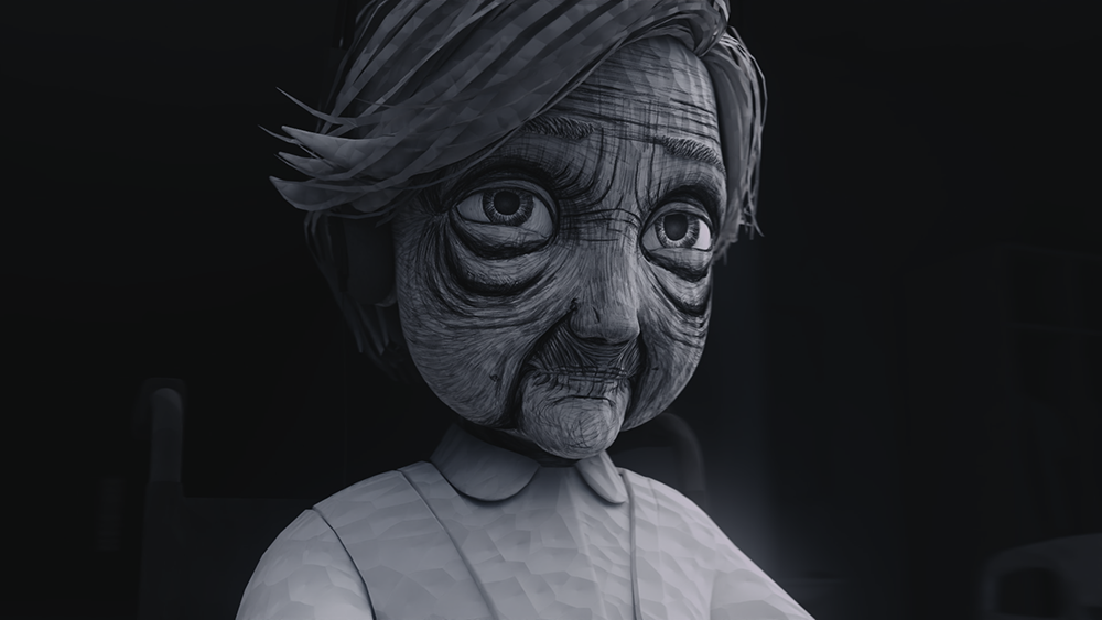 Monochrome illustration of an elderly woman's face with expressive eyes and visible wrinkles.